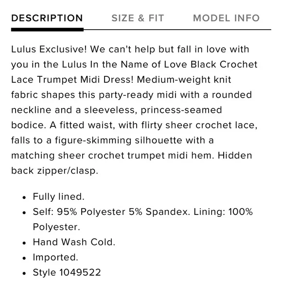 🖤NWT Lulus In The Name of Love Black Crochet Lace Trumpet MIDI Dress 🖤 - Picture 5 of 6